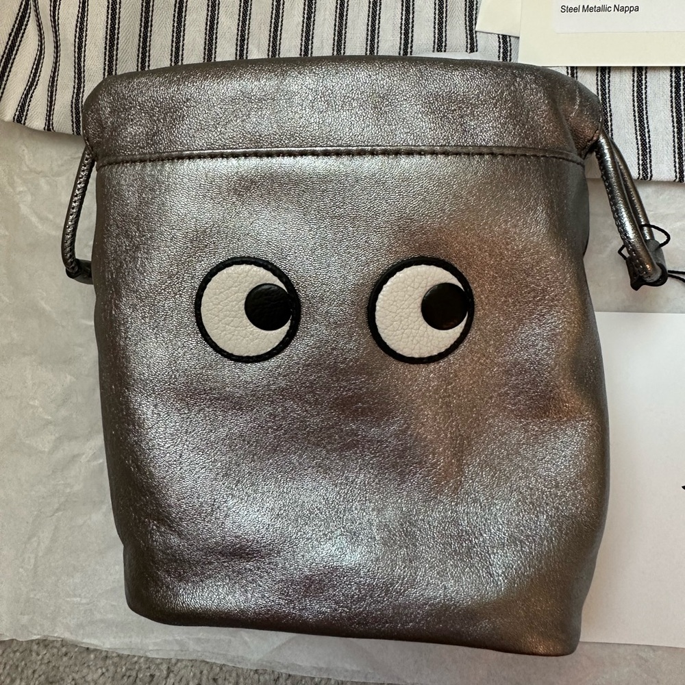 Anya Hindmarch Eyes Drawstring Pouch in Steel Metallic Nappa
